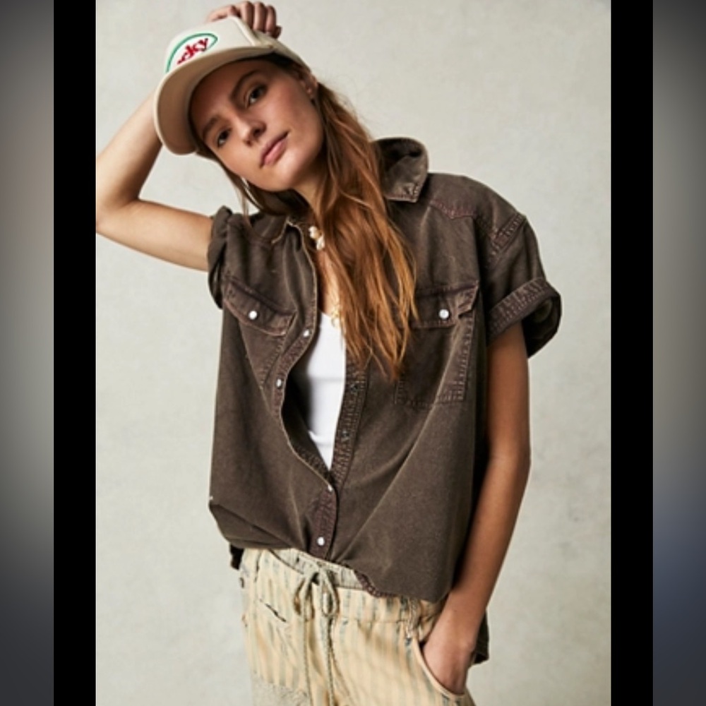 Free People The Short of It chocolate denim top. Size M